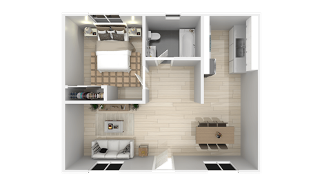 a rendering of a 3d floor plan of a house  at The Marq Apartments LLC, Los Angeles, California